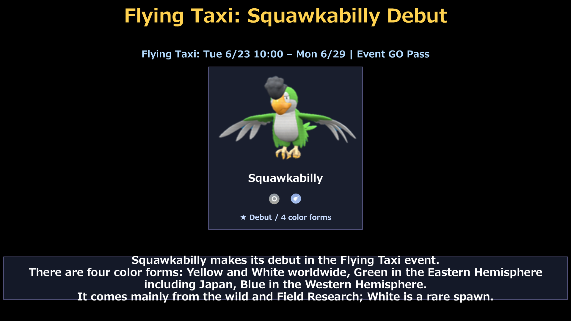 Squawkabilly debut, four color forms